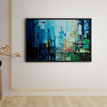 "Urban Reflections - Modern Abstract Oil Painting in Cool Blues - Contemporary Cityscape Art for Living Room & Office"