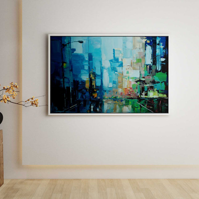 "Urban Reflections - Modern Abstract Oil Painting in Cool Blues - Contemporary Cityscape Art for Living Room & Office"
