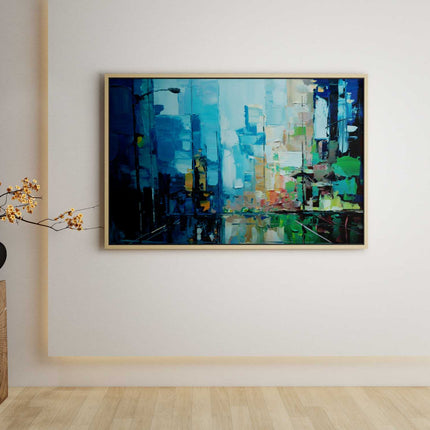 "Urban Reflections - Modern Abstract Oil Painting in Cool Blues - Contemporary Cityscape Art for Living Room & Office"