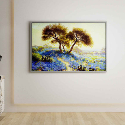 "Bluebonnet Field with Twin Trees - Hand-Painted Impressionist Landscape Oil Painting - Serene Nature Wall Art"