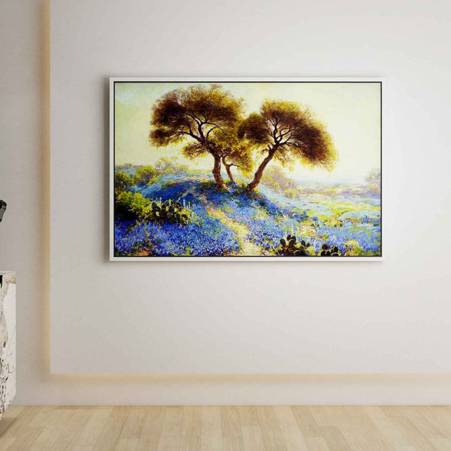 "Bluebonnet Field with Twin Trees - Hand-Painted Impressionist Landscape Oil Painting - Serene Nature Wall Art"
