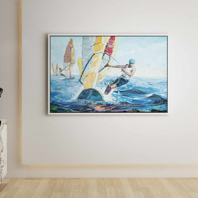 "Dynamic Windsurfing Oil Painting - Vibrant Nautical Sports Art - Handmade Ocean Adventure Wall Decor"