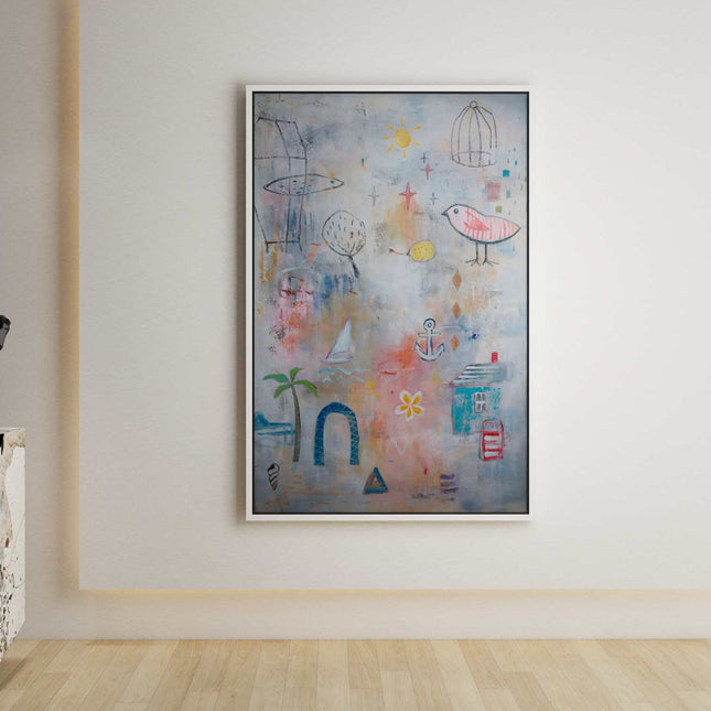 "Whimsical Coastal Abstract Oil Painting - Charming Beach House Art with Sailboat & Bird - Vibrant Wall Decor"