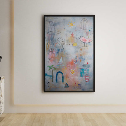 "Whimsical Coastal Abstract Oil Painting - Charming Beach House Art with Sailboat & Bird - Vibrant Wall Decor"