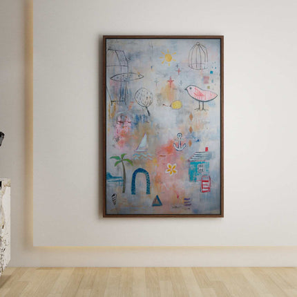 "Whimsical Coastal Abstract Oil Painting - Charming Beach House Art with Sailboat & Bird - Vibrant Wall Decor"