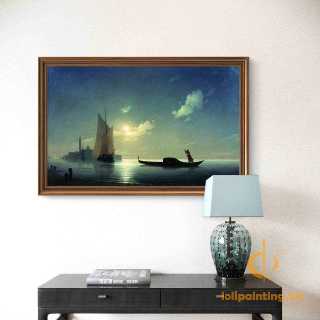 "Ivan Aivazovsky's 'Moonlit Harbor with Sailboats' - Hand-Painted Oil Painting Reproduction"