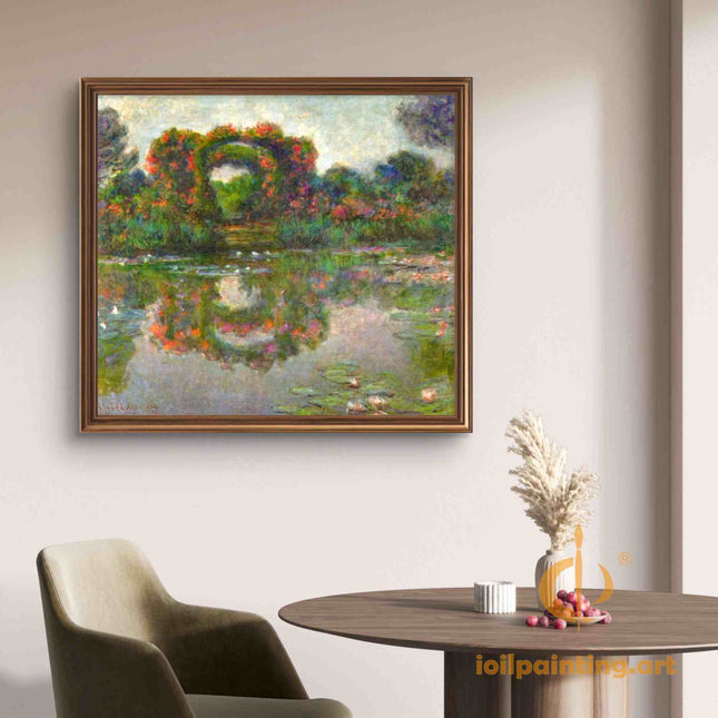 "Claude Monet's 'Water-Lily Pond with Rose-Covered Bridge' - Hand-Painted Oil Painting Reproduction"