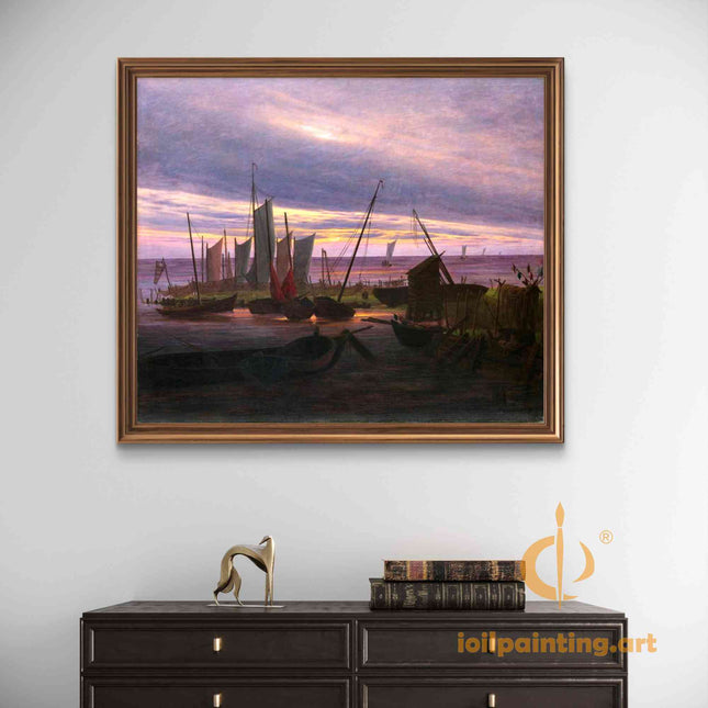 "Caspar David Friedrich's 'Harbor Serenity at Sunset' - Hand-Painted Romantic Oil Painting Reproduction"