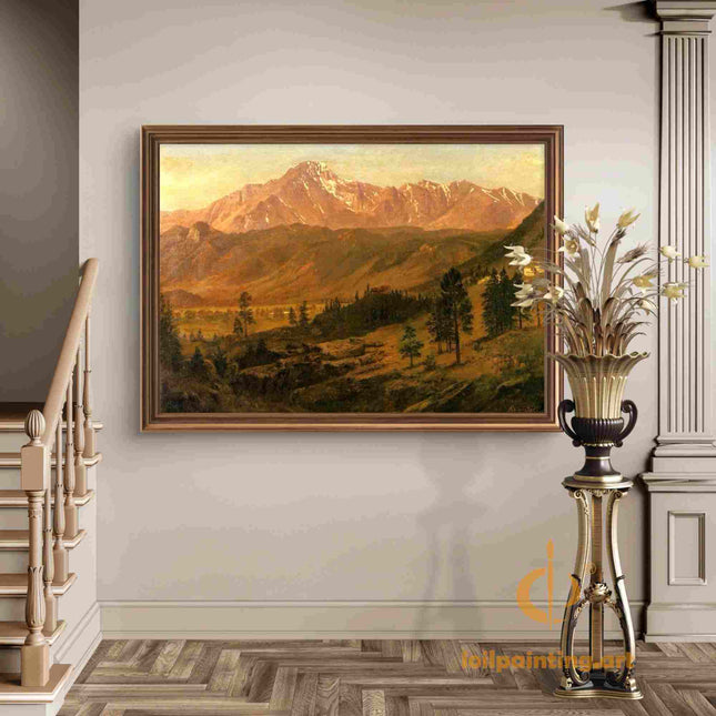 "Albert Bierstadt's 'Alpine Majesty' - Hand-Painted Mountain Landscape Oil Painting Reproduction"
