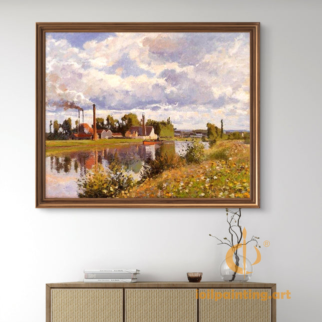 "Camille Pissarro's 'Riverside Village with Floral Banks' - Hand-Painted Oil Painting Reproduction"