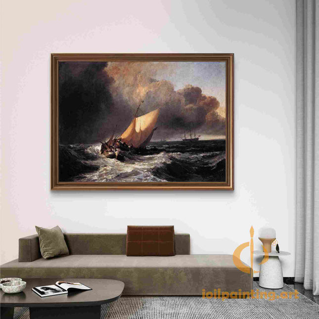 "William Turner's 'Storm-Tossed Sailboat in Churning Seas' - Hand-Painted Oil Painting Reproduction"
