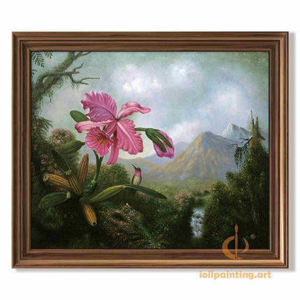 "Martin Johnson Heade Inspired 'Pink Orchid and Hummingbird' - Premium Hand-Painted Oil Reproduction on Canvas"