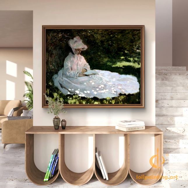 "Claude Monet's 'Lady Reading in Sunlit Garden' - Hand-Painted Oil Painting Reproduction"