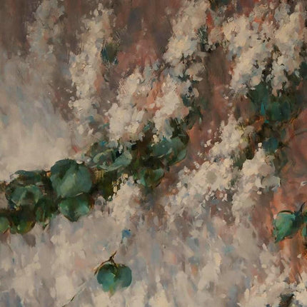 "Botanical Abstract Oil Painting - Lush Green Leaves & Ethereal White Blooms | Nature-Inspired Canvas Wall Art"