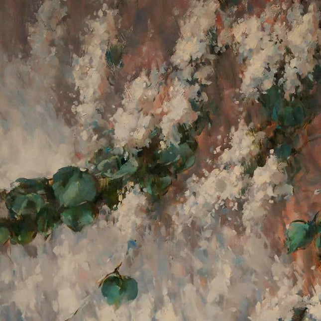 "Botanical Abstract Oil Painting - Lush Green Leaves & Ethereal White Blooms | Nature-Inspired Canvas Wall Art"