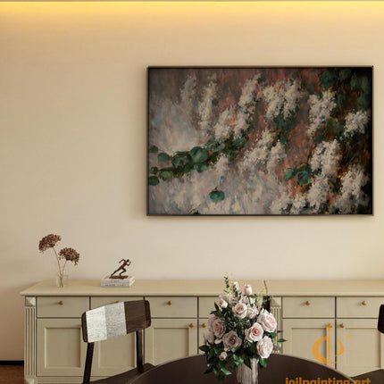 "Botanical Abstract Oil Painting - Lush Green Leaves & Ethereal White Blooms | Nature-Inspired Canvas Wall Art"