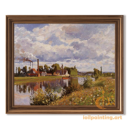 "Camille Pissarro's 'Riverside Village with Floral Banks' - Hand-Painted Oil Painting Reproduction"