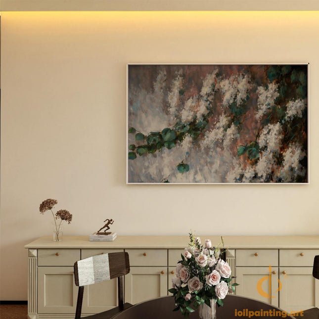 "Botanical Abstract Oil Painting - Lush Green Leaves & Ethereal White Blooms | Nature-Inspired Canvas Wall Art"