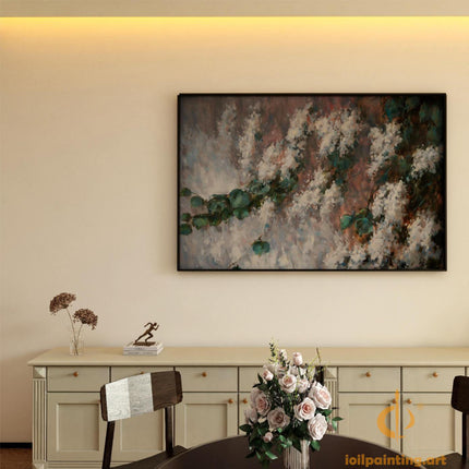 "Botanical Abstract Oil Painting - Lush Green Leaves & Ethereal White Blooms | Nature-Inspired Canvas Wall Art"