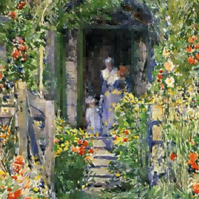 "Childe Hassam's 'Sunlit Garden Doorway' - Hand-Painted Impressionist Oil Painting Reproduction"