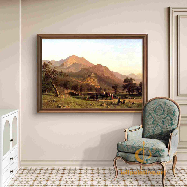 "Albert Bierstadt's 'Classic Alpine Village Scene' - Hand-Painted Landscape Oil Painting Reproduction"