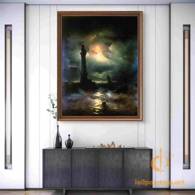 "Ivan Aivazovsky's 'Lighthouse in the Storm' - Hand-Painted Oil Painting Reproduction"