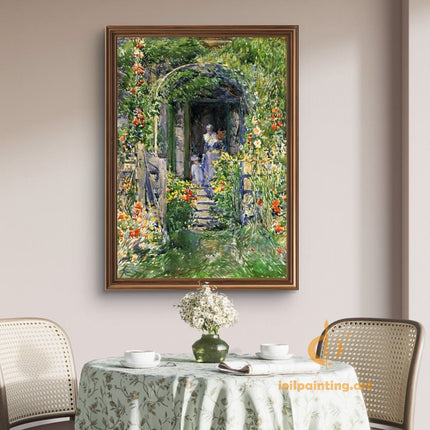 "Childe Hassam's 'Sunlit Garden Doorway' - Hand-Painted Impressionist Oil Painting Reproduction"
