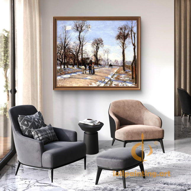"Camille Pissarro's 'Winter Street Scene with Horses and Figures' - Hand-Painted Oil Painting Reproduction"