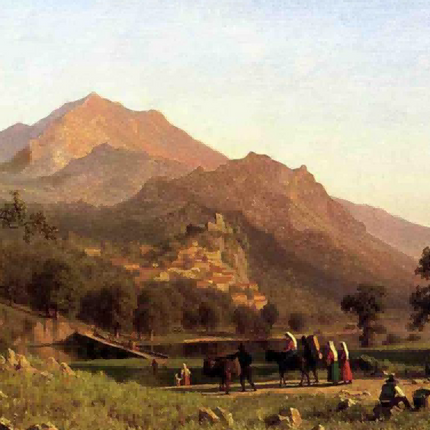 "Albert Bierstadt's 'Classic Alpine Village Scene' - Hand-Painted Landscape Oil Painting Reproduction"