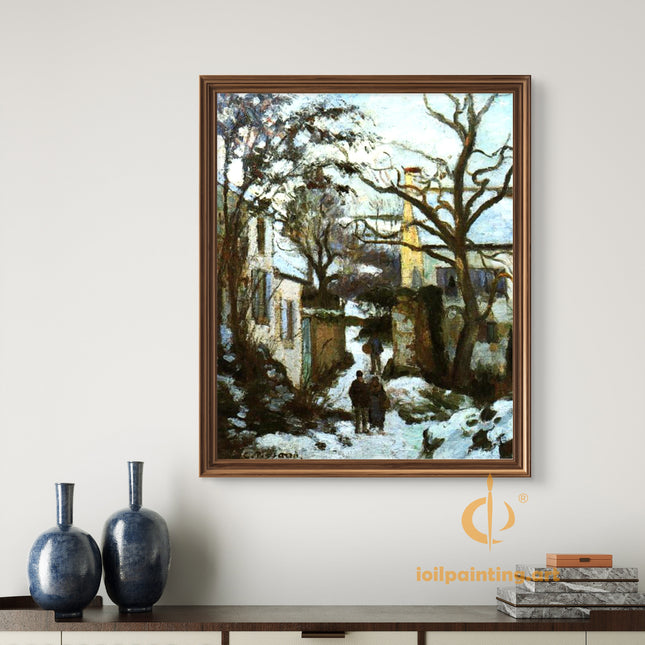 "Camille Pissarro's 'Snow-Covered Village with Winter Walkers' - Hand-Painted Oil Painting Reproduction"