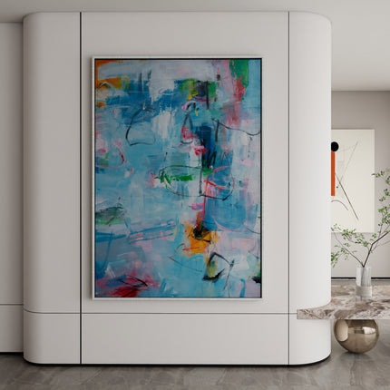 "Handmade Abstract Oil Painting - Vibrant Blue Green Pink Yellow Modern Art for Home & Office Decor"