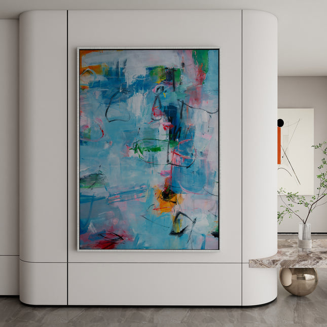 "Handmade Abstract Oil Painting - Vibrant Blue Green Pink Yellow Modern Art for Home & Office Decor"