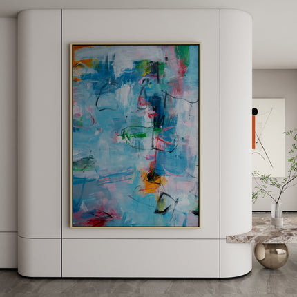 "Handmade Abstract Oil Painting - Vibrant Blue Green Pink Yellow Modern Art for Home & Office Decor"