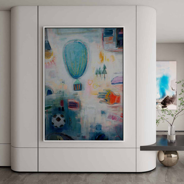 "Whimsical Abstract Oil Painting - Blue Hot Air Balloon & Playful Elements - Unique Wall Art Decor"