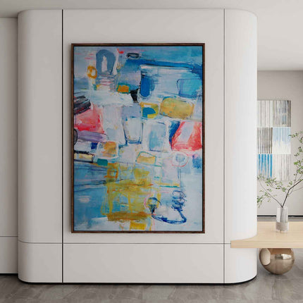 "Handmade Abstract Oil Painting - Vibrant Blue & Warm Tones - Modern Wall Art for Living Room & Bedroom Decor"