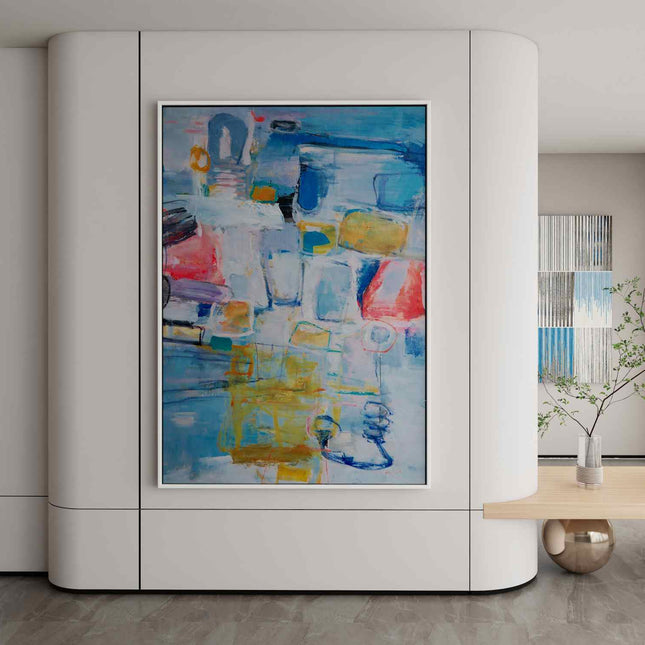 "Handmade Abstract Oil Painting - Vibrant Blue & Warm Tones - Modern Wall Art for Living Room & Bedroom Decor"