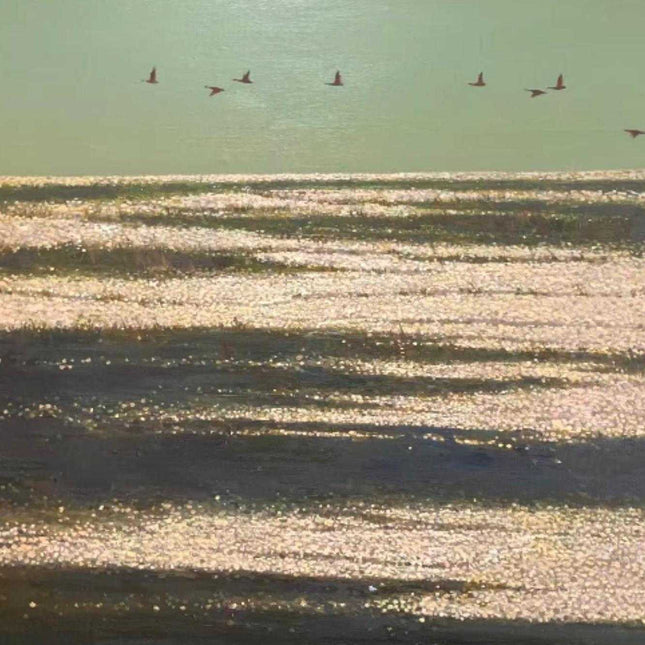 "Tranquil Waters with Soaring Birds - Premium Hand-Painted Oil Reproduction on Canvas"