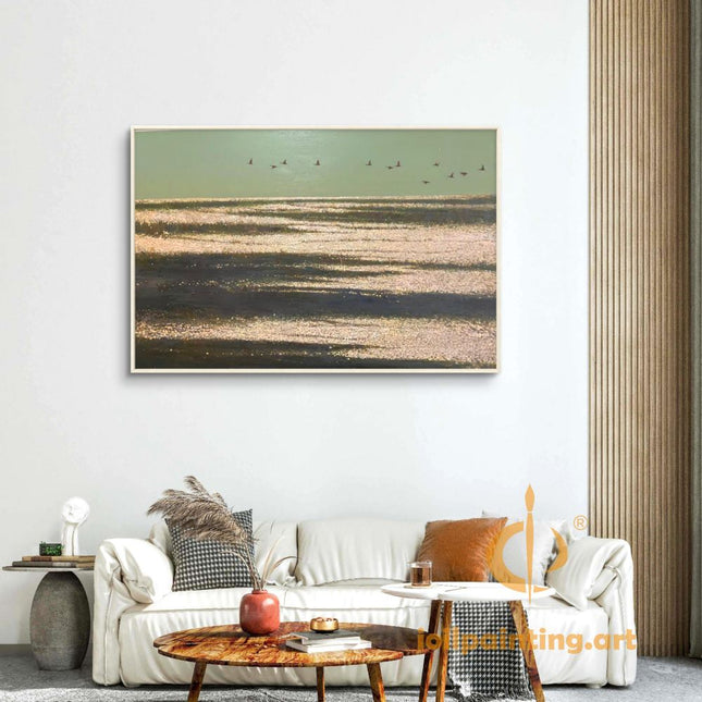 "Tranquil Waters with Soaring Birds - Premium Hand-Painted Oil Reproduction on Canvas"