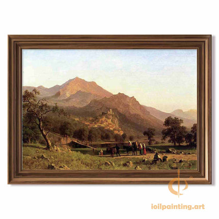 "Albert Bierstadt's 'Classic Alpine Village Scene' - Hand-Painted Landscape Oil Painting Reproduction"