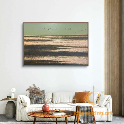 "Tranquil Waters with Soaring Birds - Premium Hand-Painted Oil Reproduction on Canvas"