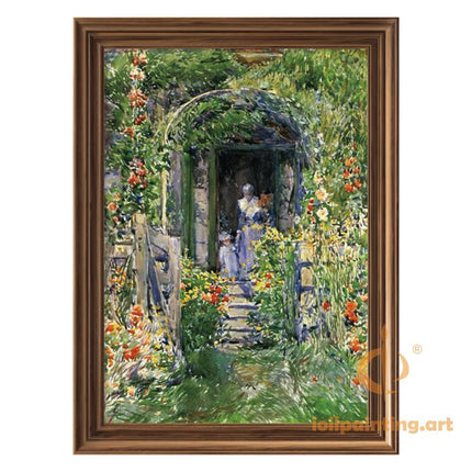"Childe Hassam's 'Sunlit Garden Doorway' - Hand-Painted Impressionist Oil Painting Reproduction"