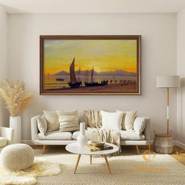"William Turner's 'Sunset Harbor Serenity' - Hand-Painted Romantic Era Oil Painting Reproduction"
