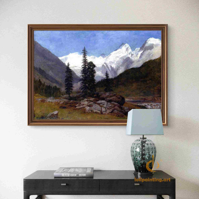 "Albert Bierstadt's 'Alpine Majesty' - Hand-Painted Mountain Landscape Oil Painting Reproduction"