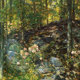 "Childe Hassam's 'Forest Landscape' Oil Painting Reproduction - Sunlit Woodland Path with Wildflowers"