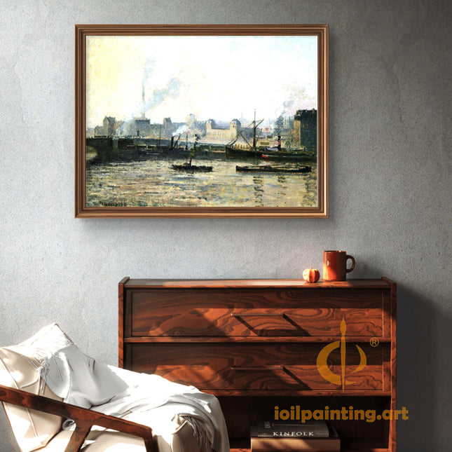 "Camille Pissarro's 'Riverside Industrial Scene with Boats' - Hand-Painted Oil Painting Reproduction"