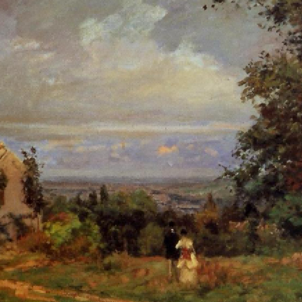 "Camille Pissarro's 'Couple in Serene Landscape' - Hand-Painted Impressionist Oil Painting Reproduction"