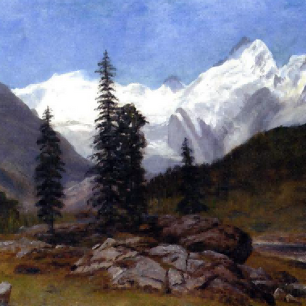 "Albert Bierstadt's 'Alpine Majesty' - Hand-Painted Mountain Landscape Oil Painting Reproduction"