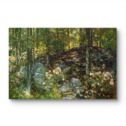 "Childe Hassam's 'Forest Landscape' Oil Painting Reproduction - Sunlit Woodland Path with Wildflowers"