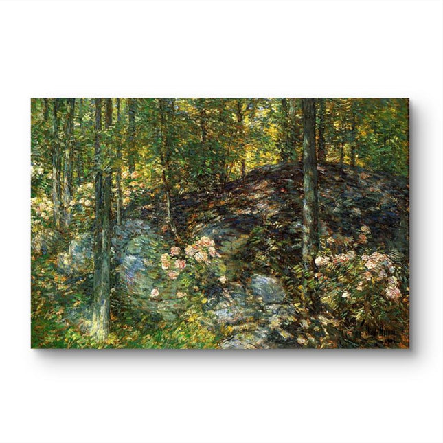 "Childe Hassam's 'Forest Landscape' Oil Painting Reproduction - Sunlit Woodland Path with Wildflowers"