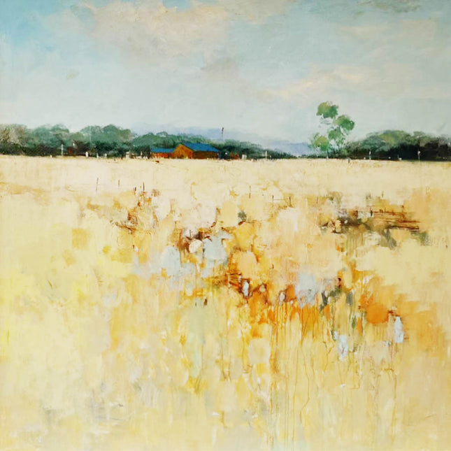 "Sun-Kissed Fields & Blue Cottage - Handmade Abstract Oil Painting - Serene Landscape Wall Art for Home Decor"